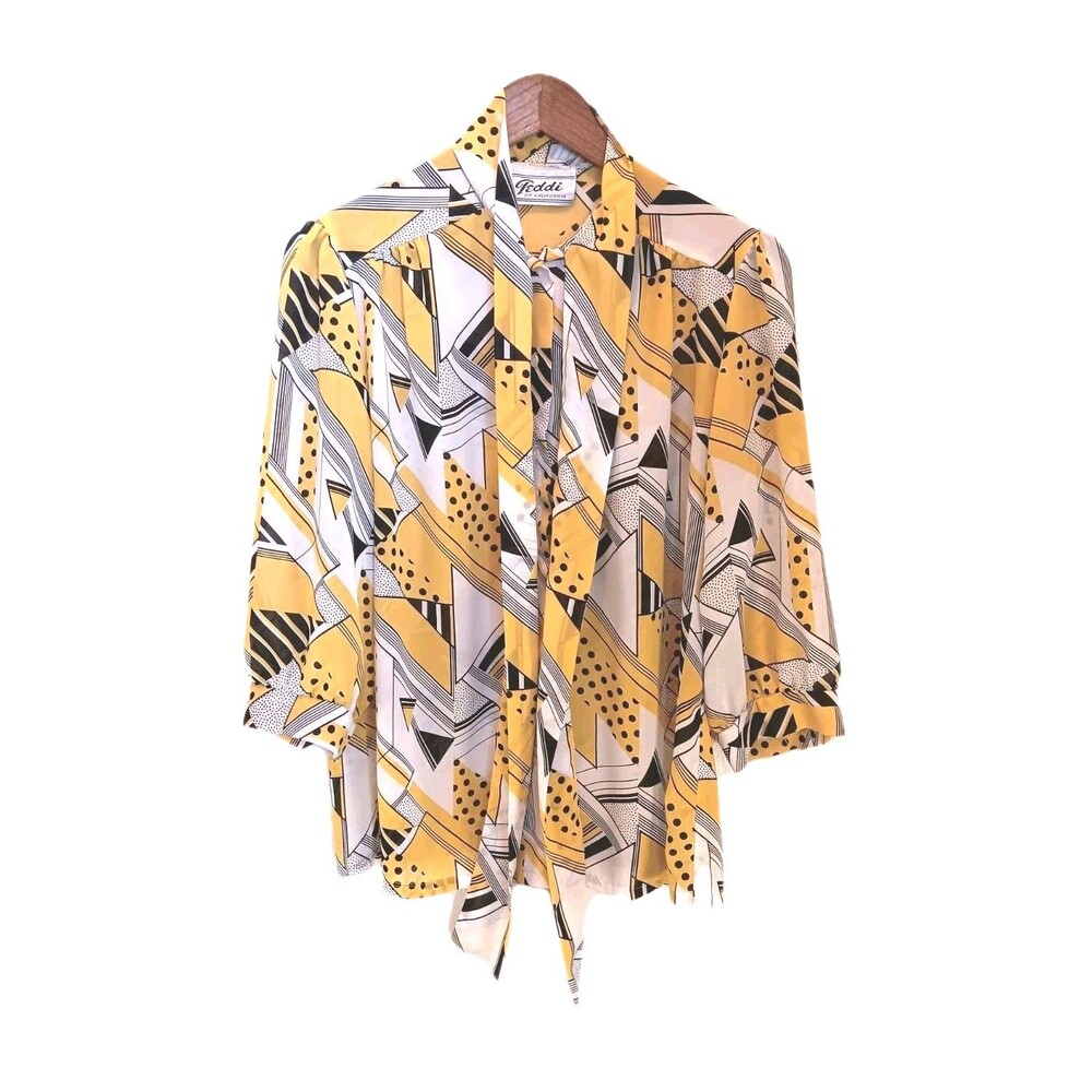 Vtg  70s 80s Teddi of Calif Geometric Bow Blouse Yellow Black White Mod Sz L